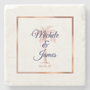 Elegant Navy Rose Gold Palm Tree Modern Wedding Stone Coaster