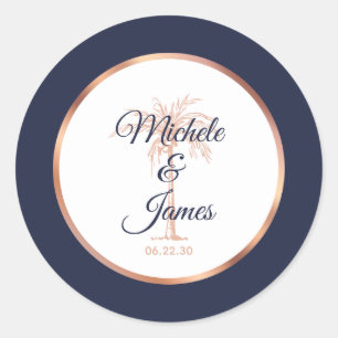 Elegant Navy Rose Gold Palm Tree Tropical Wedding Classic Round Sticker