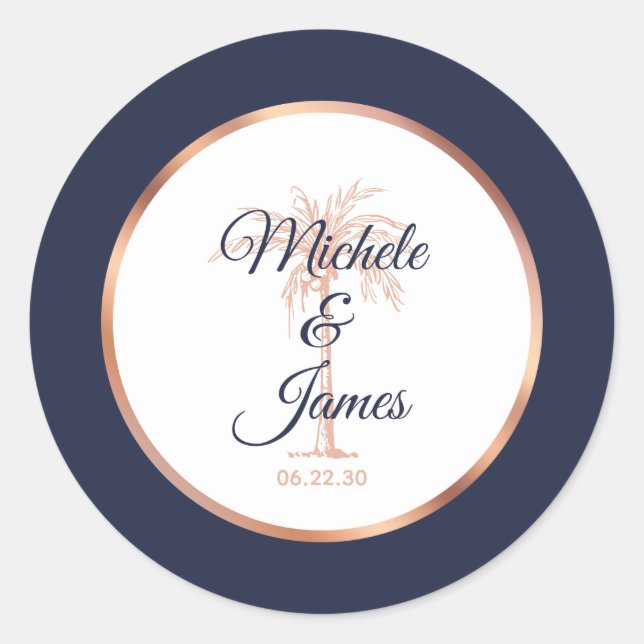 Elegant Navy Rose Gold Palm Tree Tropical Wedding Classic Round Sticker (Front)