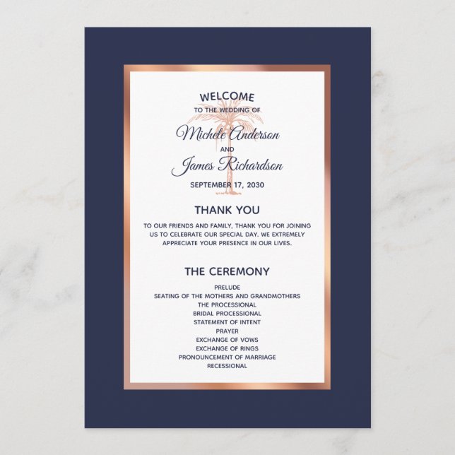 Elegant Navy Rose Gold Palm Tree Tropical Wedding Programme (Front)