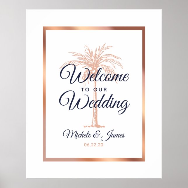 Elegant Navy Rose Gold Palm Tree Wedding Welcome Poster (Front)