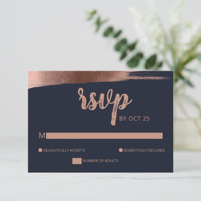 Elegant Navy Rose Gold Simple Modern Wedding RSVP Card (Standing Front)
