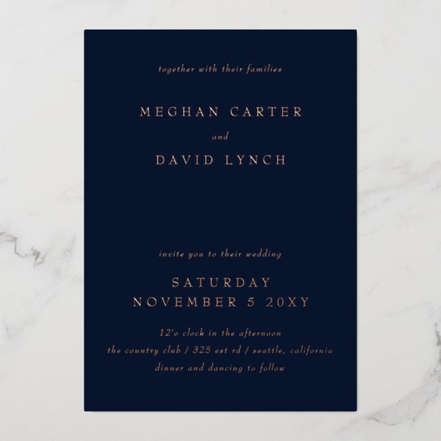 Elegant Navy Rose Gold Wedding  Foil Invitation (Front)