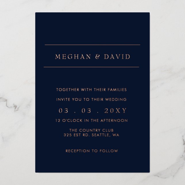 Elegant Navy Rose Gold Wedding  Foil Invitation (Front)