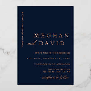 Elegant Navy Rose Gold Wedding  Foil Invitation