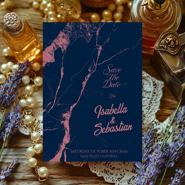 Elegant Navy & Rose Marble Save the Date weeding Invitation (Creator Uploaded)