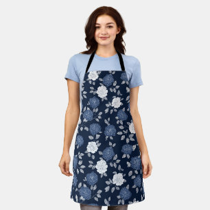 Elegant Navy Rose White Floral Pattern Apron