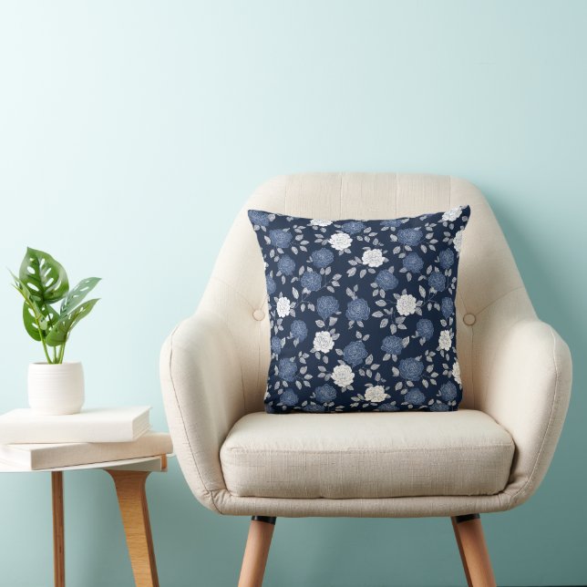 Elegant Navy Rose White Floral Pattern Cushion (Chair)