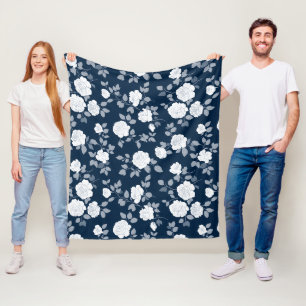 Elegant Navy Rose White Floral Pattern Fleece Blanket