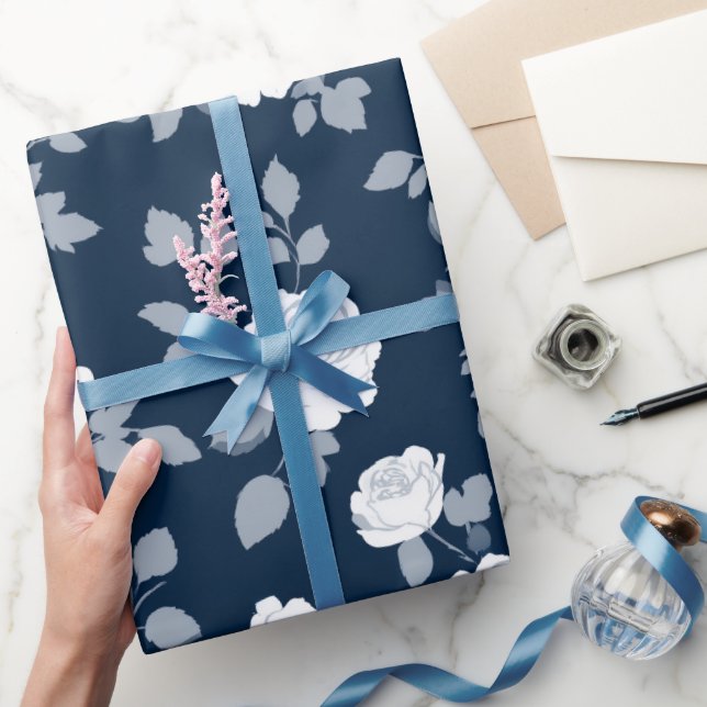 Elegant Navy Rose White Floral Pattern Wrapping Paper (Gifting)