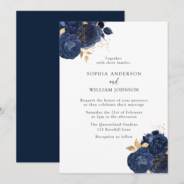 Elegant Navy Roses & Gold Modern Floral Wedding Invitation (Front/Back)