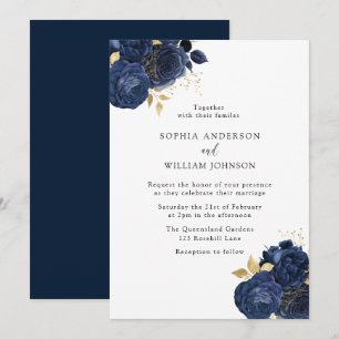 Elegant Navy Roses & Gold Modern Floral Wedding Invitation