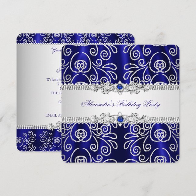 Elegant Navy Royal Blue Lace Diamond Overlay Party Invitation (Front/Back)