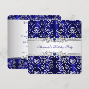 Elegant Navy Royal Blue Lace Diamond Overlay Party Invitation