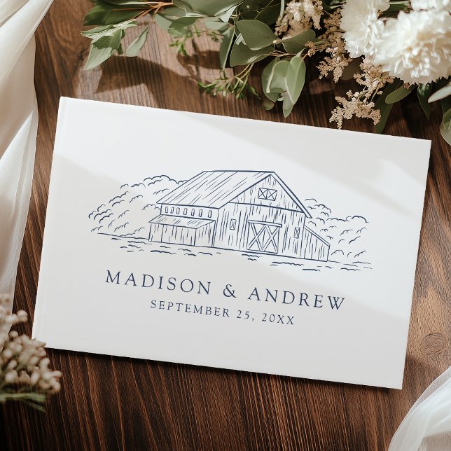 Elegant Navy Rustic Barn Photo Wedding Guest Book (Creator Uploaded)