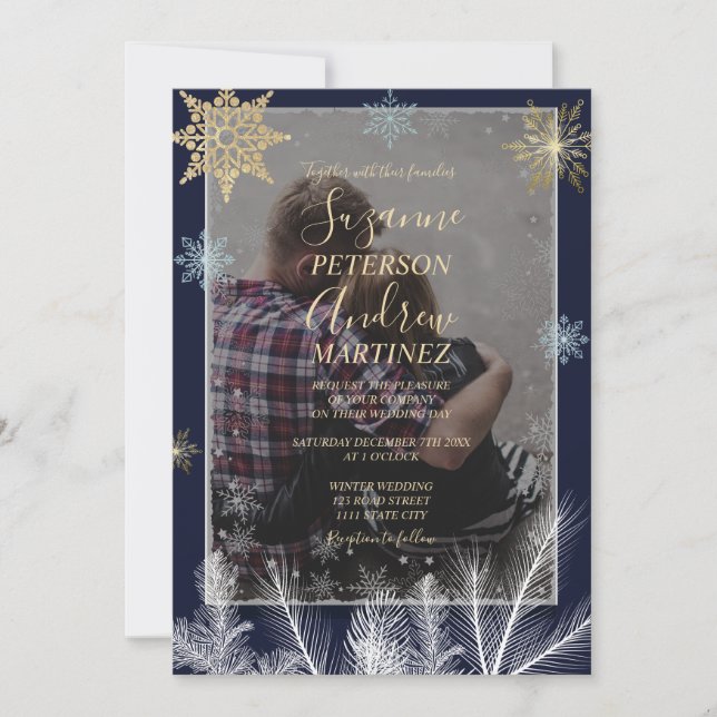 Elegant Navy Rustic Winter Snowflakes Wedding Invitation (Front)