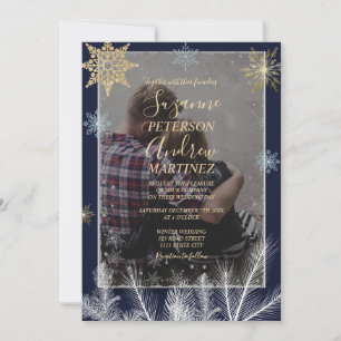Elegant Navy Rustic Winter Snowflakes Wedding Invitation
