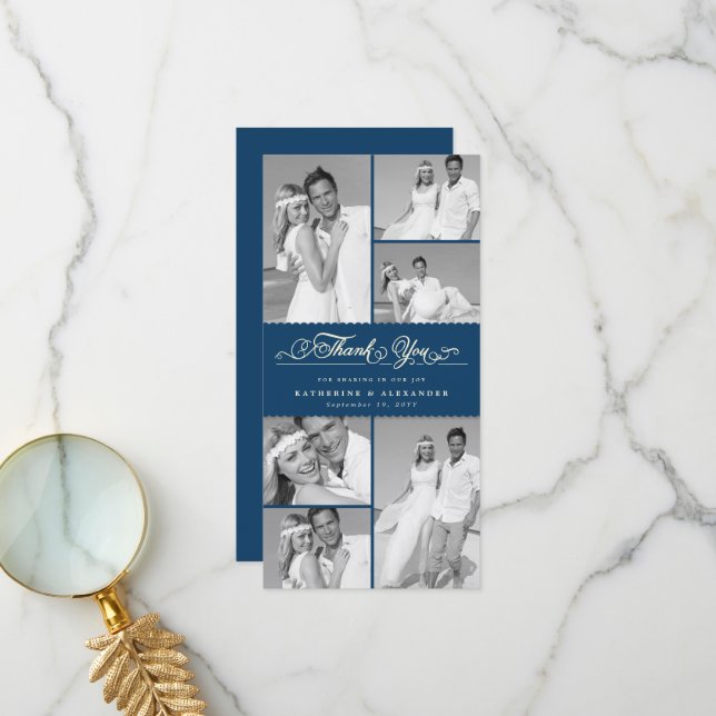 Elegant Navy Scalloped Band 6 Photo Chic Wedding Thank You Card (Front/Back In Situ)