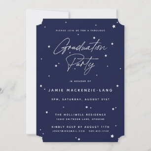 Elegant Navy Script and Stars Graduation Party Invitation