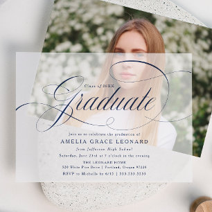 Elegant Navy Script Graduation Party Vellum Invitations
