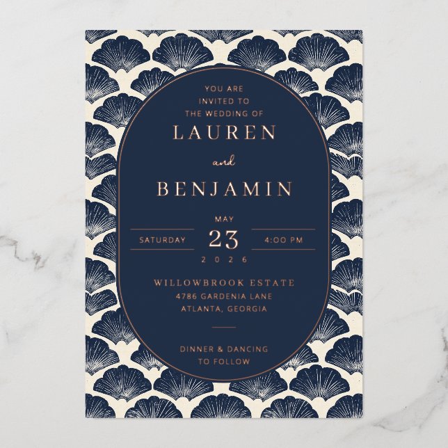 Elegant Navy Seashell Wedding Invitation (Front)
