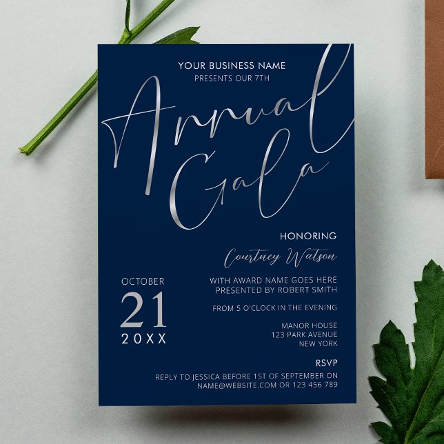 Elegant Navy & Silver Business Party Annual Gala Invitation (Elegant navy blue and faux silver gala night invitations with calligraphy fonts and your logo)