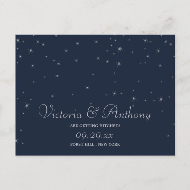 Elegant Navy & Silver Falling Stars Save The Date Announcement Postcard (Front)