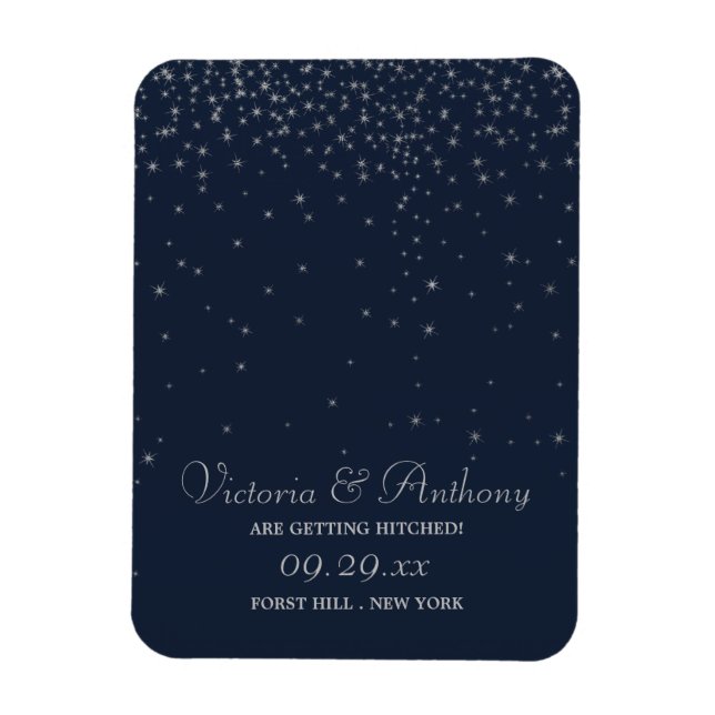 Elegant Navy & Silver Falling Stars Save The Date Magnet (Vertical)