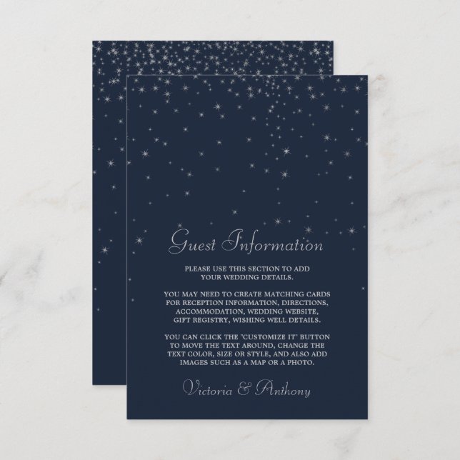 Elegant Navy & Silver Falling Stars Wedding Detail Enclosure Card (Front/Back)