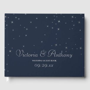 Elegant Navy & Silver Falling Stars Wedding Guest Book