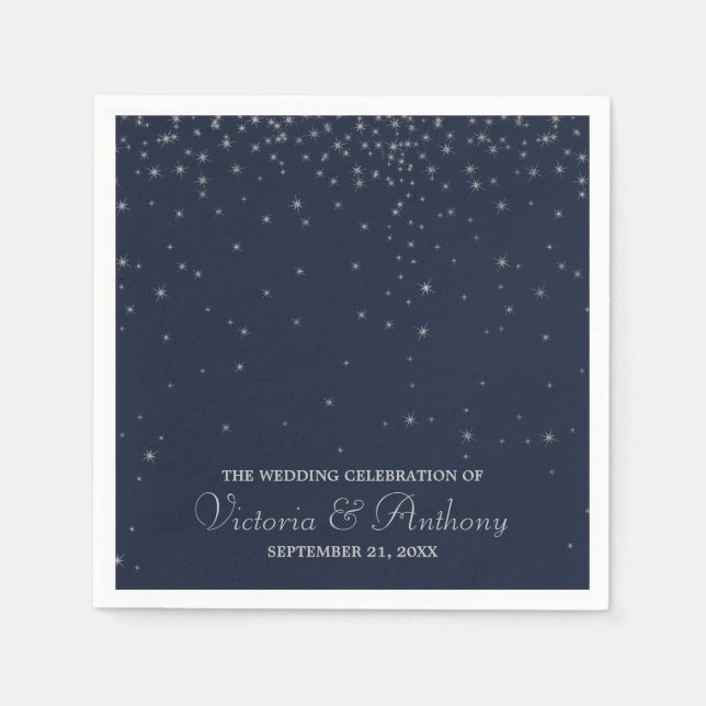 Elegant Navy & Silver Falling Stars Wedding Napkin (Front)
