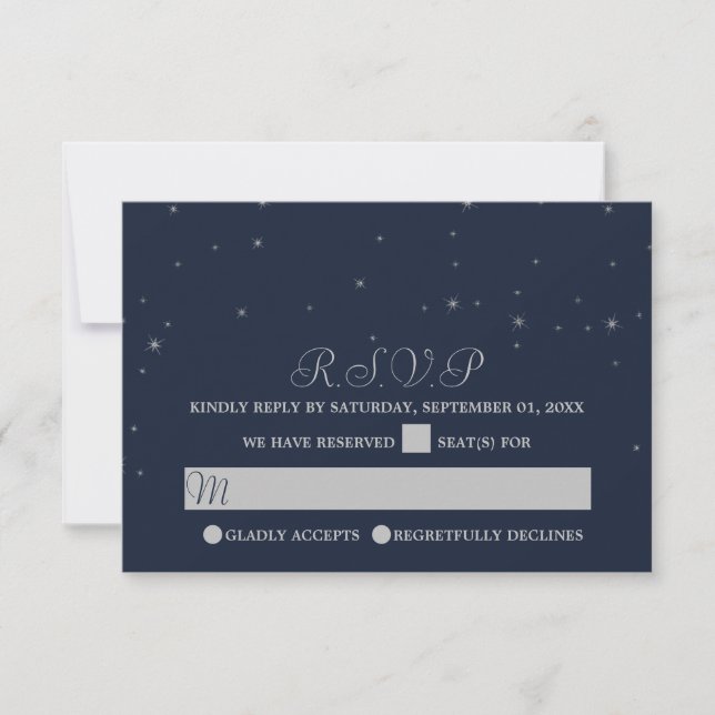 Elegant Navy & Silver Falling Stars Wedding RSVP (Front)