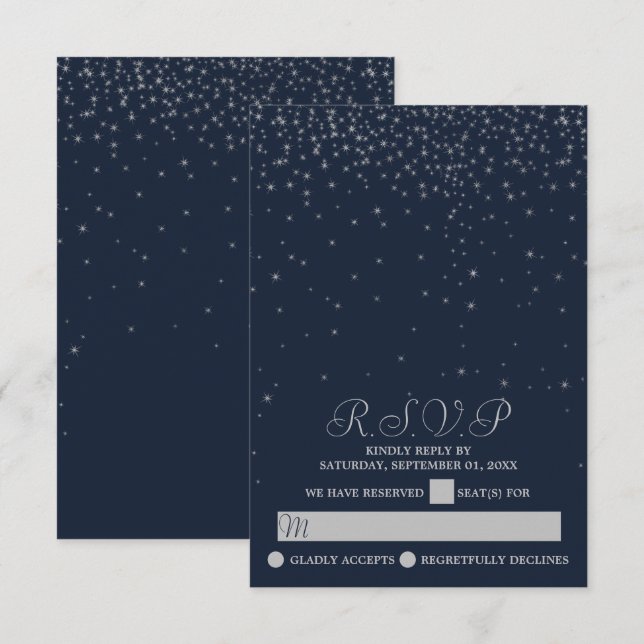 Elegant Navy & Silver Falling Stars Wedding RSVP Card (Front/Back)