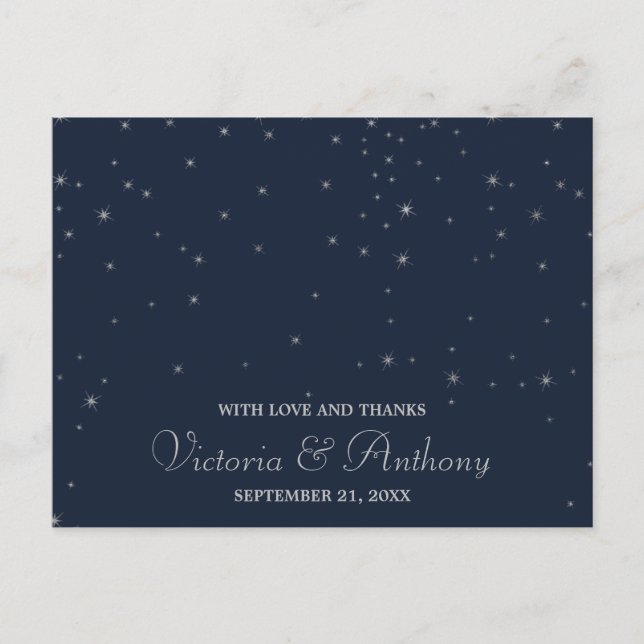 Elegant Navy & Silver Falling Stars Wedding Thanks Postcard (Front)