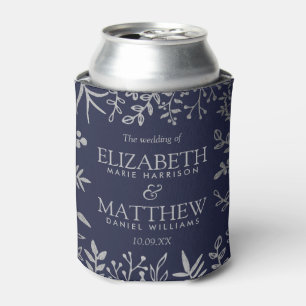 Elegant Navy & Silver Floral Wedding Collection Can Cooler
