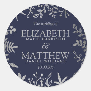 Elegant Navy & Silver Floral Wedding Collection Classic Round Sticker