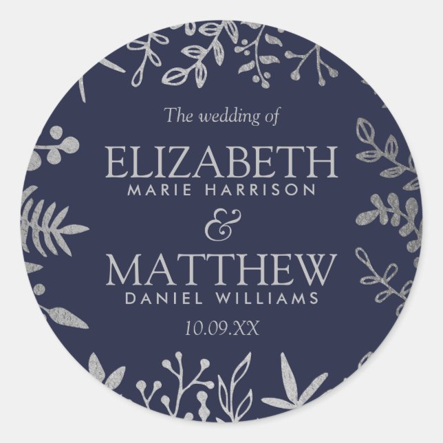 Elegant Navy & Silver Floral Wedding Collection Classic Round Sticker (Front)
