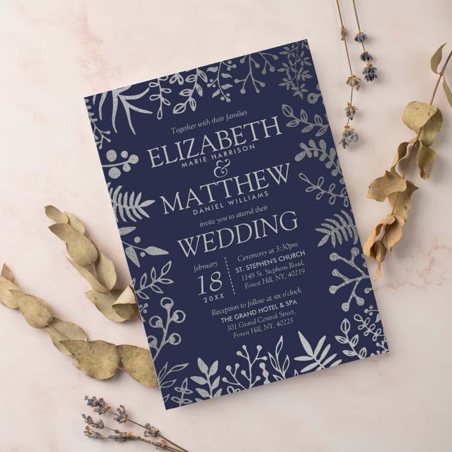 Elegant Navy & Silver Floral Wedding Collection Invitation (Creator Uploaded)