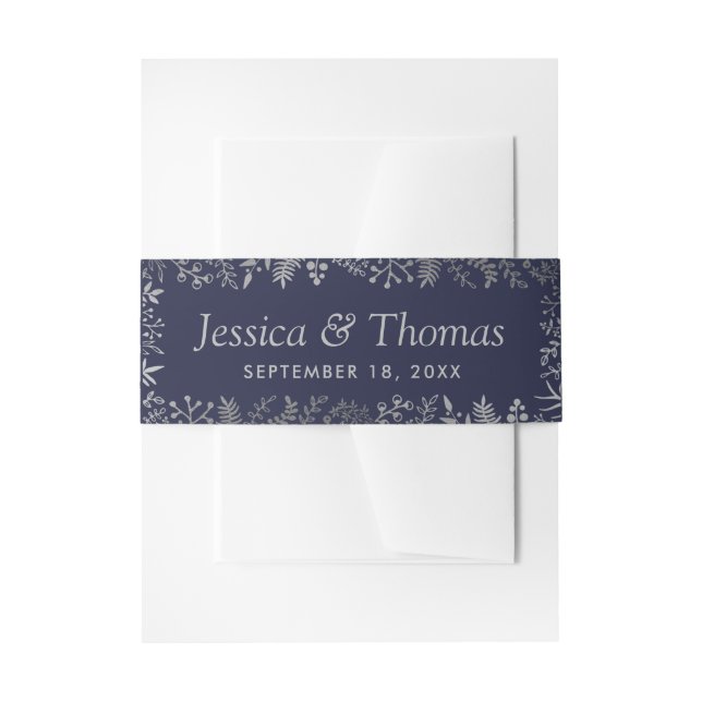 Elegant Navy & Silver Floral Wedding Collection Invitation Belly Band (Front Example)