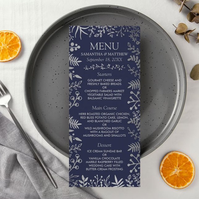 Elegant Navy & Silver Floral Wedding Collection Menu (Creator Uploaded)