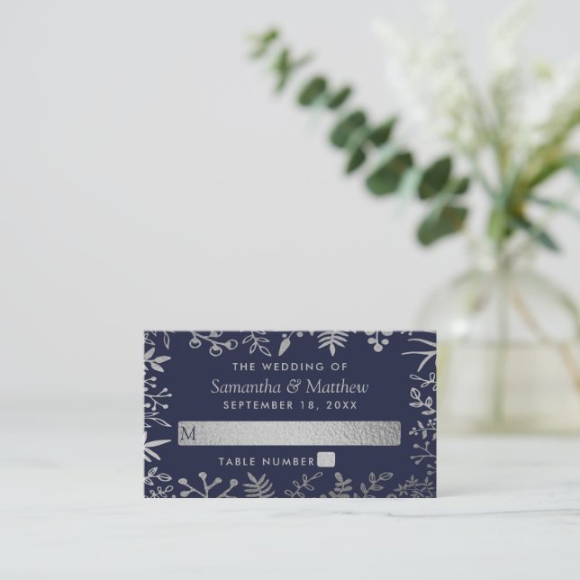 Elegant Navy & Silver Floral Wedding Collection Place Card (Standing Front)