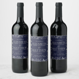 Elegant Navy & Silver Floral Wedding Collection Wine Label