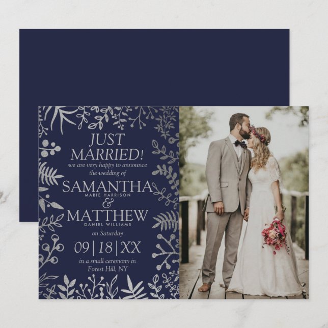Elegant Navy & Silver Floral Wedding Photo Announcement (Front/Back)