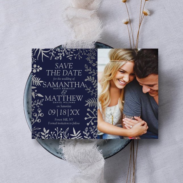 Elegant Navy & Silver Floral Wedding Photo Save The Date (Creator Uploaded)