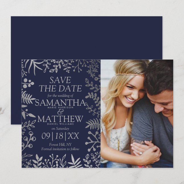 Elegant Navy & Silver Floral Wedding Photo Save The Date (Front/Back)