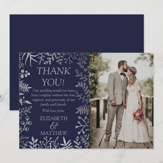 Elegant Navy & Silver Floral Wedding Photo Thank You Card (Front/Back)