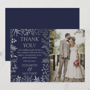 Elegant Navy & Silver Floral Wedding Photo Thank You Card