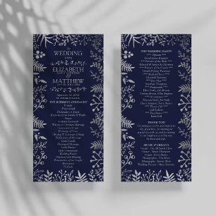 Elegant Navy & Silver Floral Wedding Program Rack Card