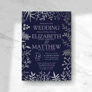 Elegant Navy & Silver Floral Wedding Rehearsal Invitation