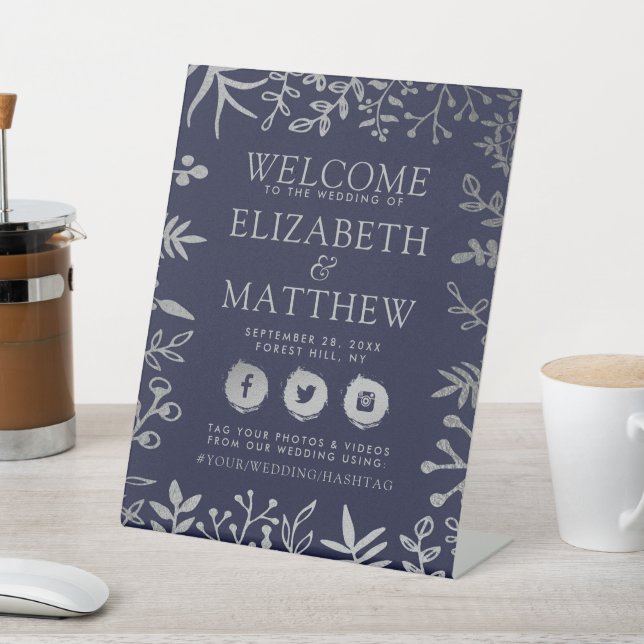 Elegant Navy & Silver Floral Wedding Welcome Pedestal Sign (In SItu)